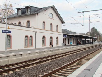 Train station and railroad tracks